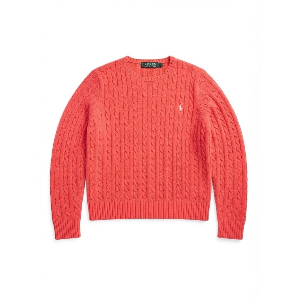 Lauren Ralph Lauren Women's  Orange Cable-Knit Crew Neck Pullover Sweater L Prep